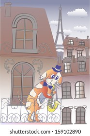 Dog Musician in Evening Paris.Vector Illustration