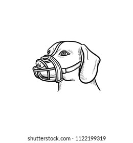 Dog with a muzzle hand drawn outline doodle icon. Pets in the city life and safety dog walking concept. Vector sketch illustration for print, web, mobile and infographics on white background.