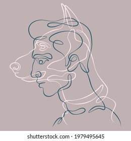 Dog muzzle. One continuous line. Portrait of a male face. Animal head. Carnival mask on the face of a male character. Totem symbol. Tattoo design. Face and animal profile.Dog logo.