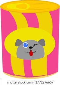Dog muzzle with tongue hanging out cartoon winking character depicted on the label of a tin can concept of pet and grooming object on a white background