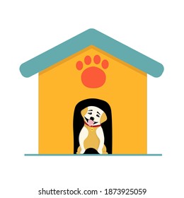 THE DOG NEAR THE BOOTH. DOG HOUSE. CUTE PET ON A WHITE BACKGROUND. LABRADOR
