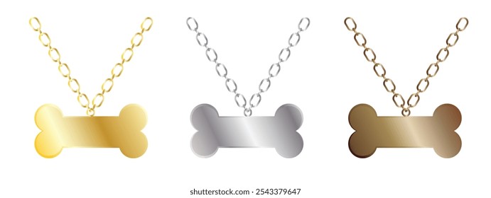 Medallón de collar de perro en forma de hueso de diferentes metales. Arte vectorial de insignia de etiqueta de huesos de metal portátil felino