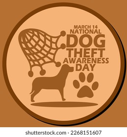 A dog with a Net that wants to catch him with paw symbol and bold text in circle frame on brown background to commemorate National Dog Theft Awareness Day on March 14