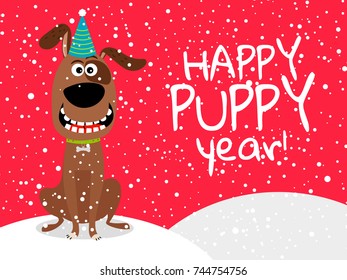 Dog new year. Chinese dog year 2018 happy cute vector flyer with snow, vector illustration