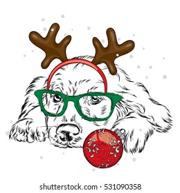 Dog in the New Year costume. Doggie in the horns of a deer. Vector illustration for a card or poster. New Year's and Christmas.