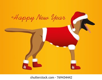A dog in a New Year costume and a Santa Claus hat. Belgian Shepherd  Malinois. Symbol of the year 2018. Vector. Greeting card or Christmas invitation.
