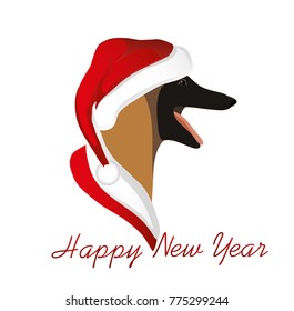 A dog in a New Year in Santa Claus hat. Belgian Shepherd  Malinois. Symbol of the year 2018. Vector. Greeting card or Christmas invitation.