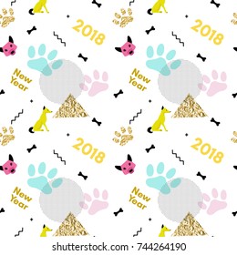 Dog new year seamless pattern in trendy geometric minimal style with vector paw track, animal head silhouette, chinese 2018 calendar template, holiday invitation background