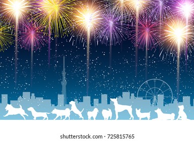 Dog New Year's Cards Fireworks Background