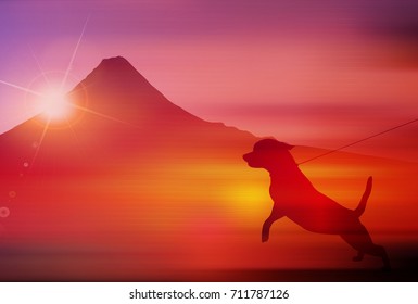 Dog New Year's cards Mt. Fuji background