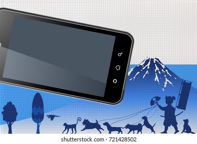 Dog New Year's cards Mt. Fuji background