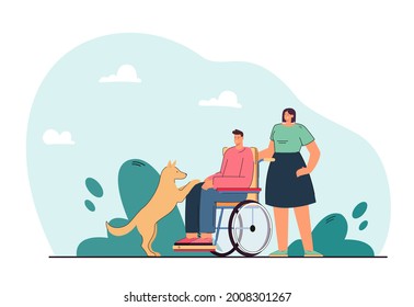Dog next to disabled man on wheelchair. Woman helping handicapped person playing with domestic animal flat vector illustration. Disability, pets concept for banner, website design or landing web page