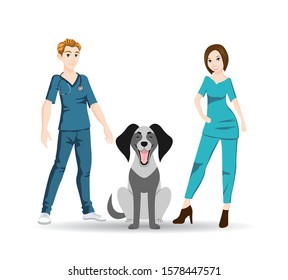 The dog next door with smiling veterinarians. The concept of treatment of Pets. Professional consultation of the doctor.