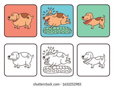 Dog with normal weight and overweight, pet obesity drawing. The growing problem of obesity in dogs. Running on a treadmill, became happy and slim. Vector illustration isolated on white background.