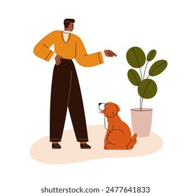 Dog obedience training. Pet owner teaching obedient puppy keep out of potted plant. Man explaining canine behavior to cute doggy, pup. Flat graphic vector illustration isolated on white background