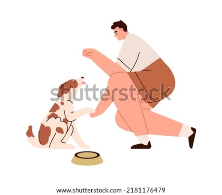 Dog obeying to giving paw command. Man training, educating doggy. Trainer gesturing, puppy sitting. Pet owner and obedient canine animal. Flat vector illustration isolated on white background