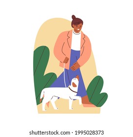 Perro obedeciendo el mando del talón y caminando sobre la correa con su dueño. Instructor de canino enseñando percha con señales manuales. Dibujo vectorial plano de color de la mujer y el cachorro aislado en fondo blanco