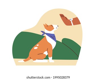 Dog obeying trainer's sit command. Canine instructor's hand showing signal to trained puppy. Cynologist teaching doggy. Colored flat vector illustration of pet and owner isolated on white background