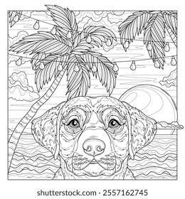 Dog of the ocean and palm trees.Coloring book antistress for children and adults. Illustration isolated on white background. Hand draw