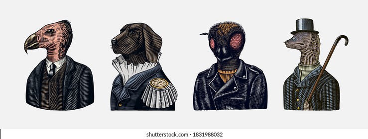 Dog Officer And Bird And Bee Biker. Fashion Animal Characters. Hand Drawn Sketch. Avatars For Web Or Banners Or Templates.