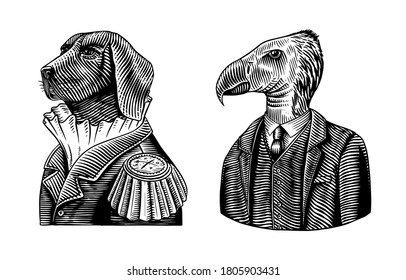 Dog officer and California condor gentleman. Great Dane. Fashion animal character. Military man in the old uniform. Hand drawn vintage sketch. Vector engraved illustration for tattoo or T-shirts.