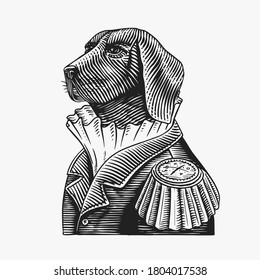 Dog officer or military man in the old uniform. Great Dane. Fashion animal character. Hand drawn vintage sketch. Vector engraved illustration for logo, label and tattoo or T-shirts.