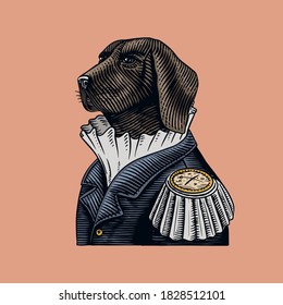 Dog officer or military man in the old uniform. Great Dane. Fashion animal character. Hand drawn vintage sketch. Vector engraved illustration for logo, label and tattoo or T-shirts.