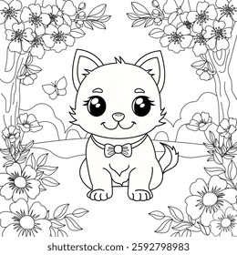 Dog on the background of flowers and sakura flowers. Coloring for children's development. Vector illustration.