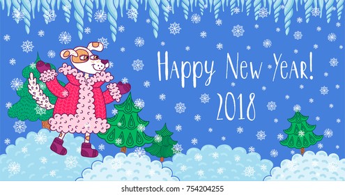  A dog on the background of a winter landscape. Vector illustration is suitable for decorating cards, invitations , web page template, screen saver.