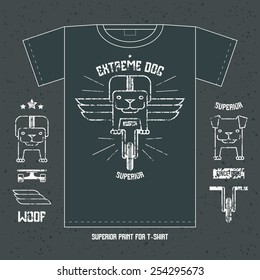 Dog on bike emblem and icons. Graphic design for t-shirt. White print on a dark background