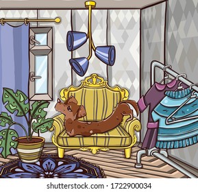 Dog on the couch with pillows 01