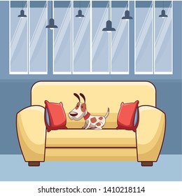 Dog on the couch with pillows cartoons  inside home with furniture scenery vector illustration graphic design