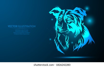 dog on a dark blue background of the space with shining stars.