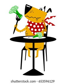 The dog on a diet. A sad dog sits at a table and eats a broccoli cabbage with fork. Cartoon vector illustration with cute pet. 