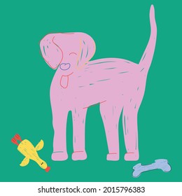 Dog on green background. Funny pet with toys isolated on green background. Hand drawn vector illustration.