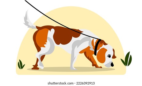 The dog on a leash follows the trail. A beautiful cute flat illustration for blogs, postcards, posters and your other projects. Vector.