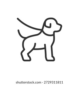 Perro con correa, icono lineal. Paseo de mascotas y cuidado de animales. Línea con trazo editable.