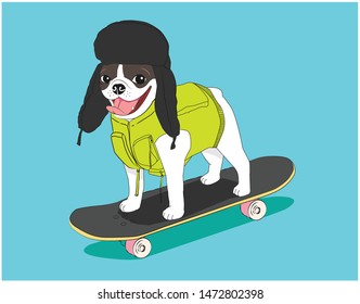 Dog on Skateboard. Funny Dog Cartoon.-vector