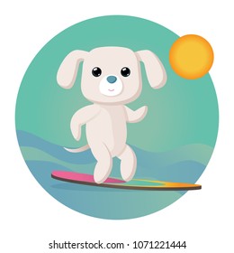 A dog on a surfboard. Vector stock illustration. Lovely funny image. It can be used for design of a notebook, cover, book, developing class, journal.   A picture on the sea theme, sports and travel.