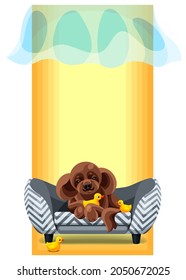 The dog is on vacation. The animal is sitting on a small sofa. Pet with toys in the form of ducks. Sticker. Vector.