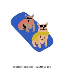 Dog on vacation. Cute animal rest by floating on an inflatable mattress.