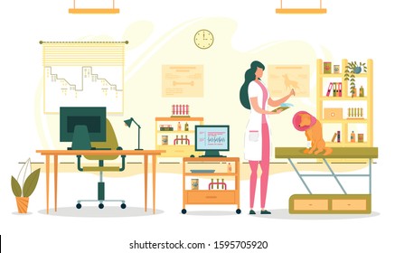Dog on Veterinarian Examination or Health Check up in Vet Clinic Office Interior with Medical Equipment. Veterinarian Woman Cartoon Character in Uniform Exams Sick Animal. Flat Vector Illustration.