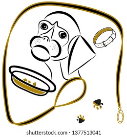 Dog on white background in front of a cup with food, vector.