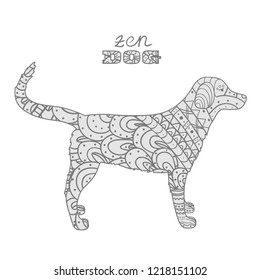 Dog on white. Hand drawn animal with abstract patterns on isolation background. Design for spiritual relaxation for adults. Zentangle. Doodle for banners, posters, t-shirts and textiles