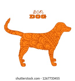 Dog on white. Hand drawn animal with abstract patterns on isolation background. Design for spiritual relaxation for adults. Zentangle. Doodle for banners, posters, t-shirts and textiles