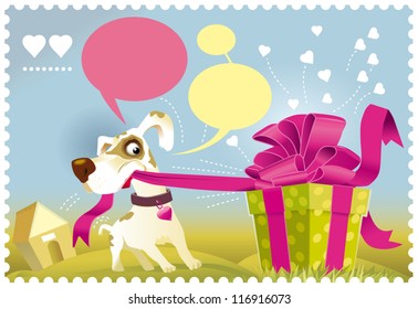 Dog opening a gift
