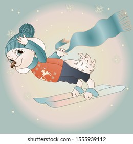 dog in an orange sweater and blue hat flies skiing and holds in his hand a waving scarf on a winter background with snowflakes