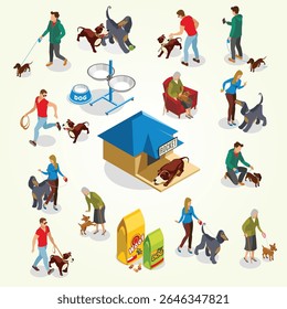 Ícones isométricos da vida comum do cão meu amigo do tempo bem-estar pessoal autorreflexão cuidado canino conceito bonito coleção filhote autoconfiança treinamento vida adulta