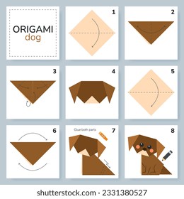 Dog origami scheme tutorial moving model. Origami for kids. Step by step how to make a cute origami puppy. Vector illustration.