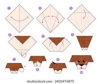 Dog origami scheme tutorial moving model. Origami for kids. Step by step how to make cute paper puppy. Vector illustration.